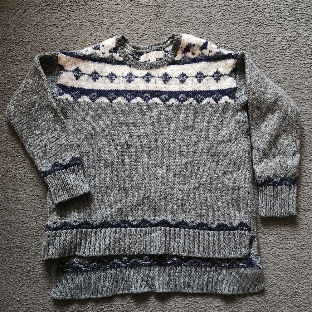 LOFT Women's Sweater Small Charcoal Gray Wool Mohair Fair Isle Hi Low Top